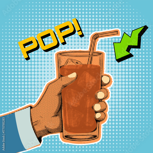 Pop Art Cold Drink Glass with Straw – Retro Halftone Comic Illustration