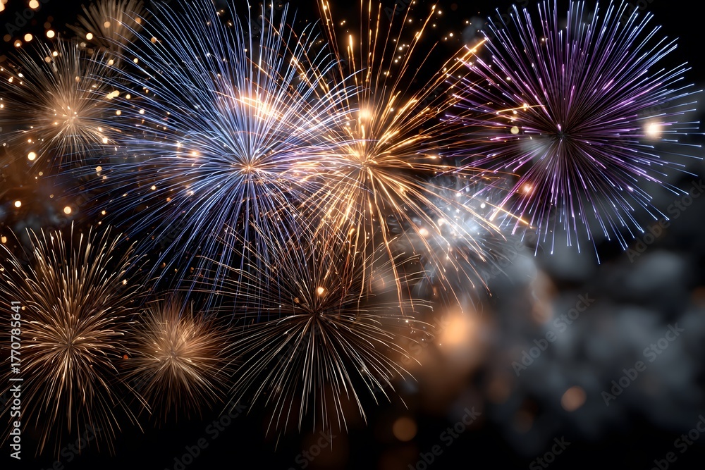 Obraz premium Golden and Blue Fireworks on a Dark Night