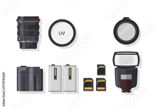 Camera Equipment Essentials Lens Filters Batteries and Flash.
