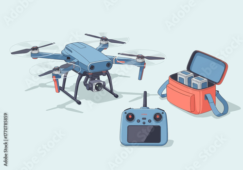 Drone with Remote Control and Accessories Illustration.