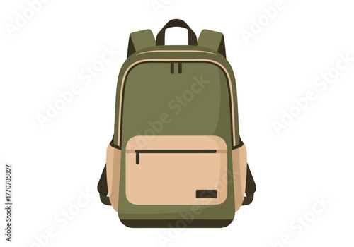 Olive Green and Beige Backpack Illustration for School or Travel.