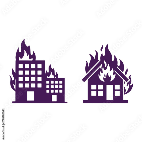 Buildings and house engulfed in flames, Firefighter Firefighting emergency Fire safety and rescue icons.