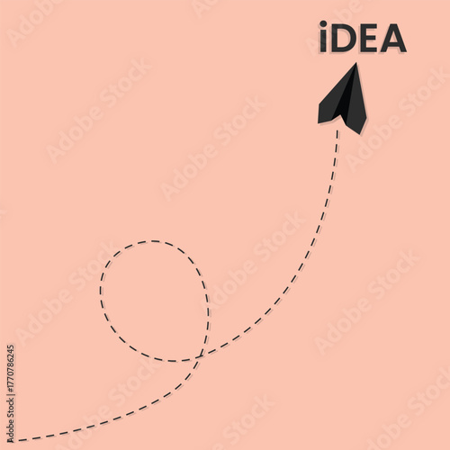 Creative idea concept with paper airplane and dotted path on pastel background, symbolizing innovation, startup vision, creativity, and new business inspiration.