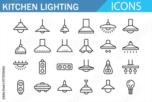 Minimalist linear lighting icons – kitchen lamps and fixtures for design projects