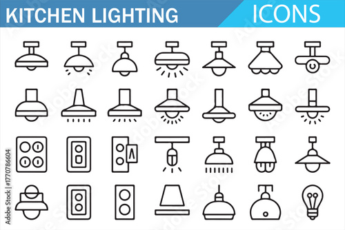 Kitchen appliance and lighting icon pack – linear household interior set