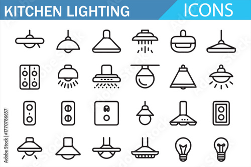 Modern home lighting outline icons – ceiling and pendant lamps for kitchen design
