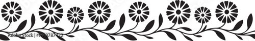 Monochrome Stylized Daisy-Like Flowers on Wavy Botanical Vine Border Element for Decoration