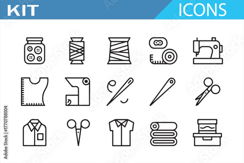 Sewing kit line icon set – minimalist linear collection of tailoring tools, buttons, needles, thread spools, scissors, and fabrics for craft, clothing repair, and fashion design illustrations