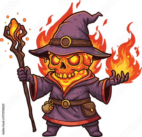 Fiery skeleton wizard in purple robe with flaming staff and conjured fire surrounded by smoke in fantasy vector illustration
