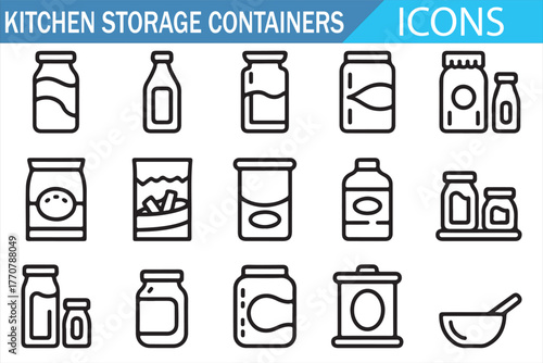 Stackable kitchen containers — modern outline icons of jars, bottles, and boxes