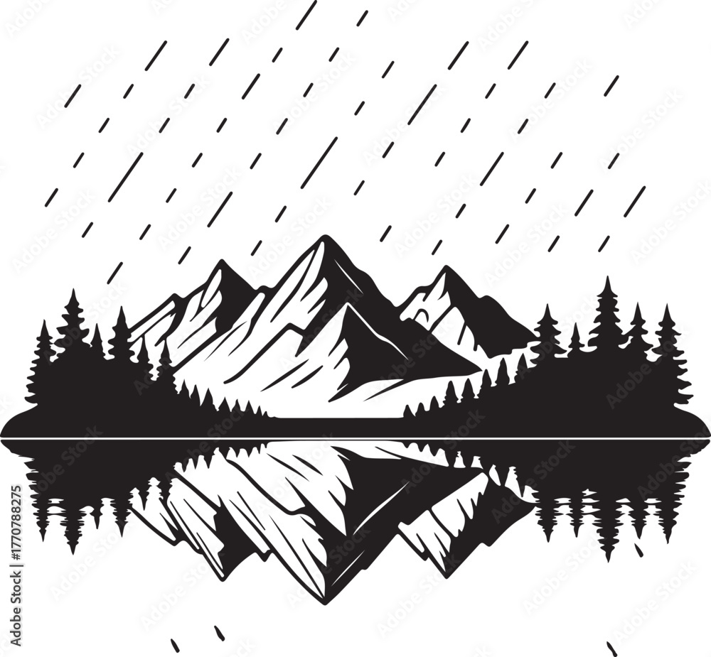 Fototapeta premium Black silhouette of mountains reflected in water with pine trees and falling lines Keywords: mountains, reflection, water, lake, river, pine trees, forest, landscape, nature, scenery, silhouette