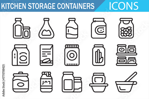 Meal prep containers — editable stroke icon collection for jars, boxes, and pantry storage