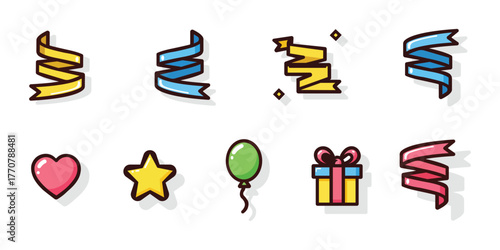 Colorful celebration icon set with ribbons, heart, star, balloon, and gift box in flat cartoon style for party, birthday, or festive decoration design.