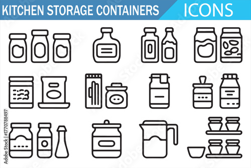 Pantry organization icons — modern outline pictograms of kitchen jars, bottles, and tubs
