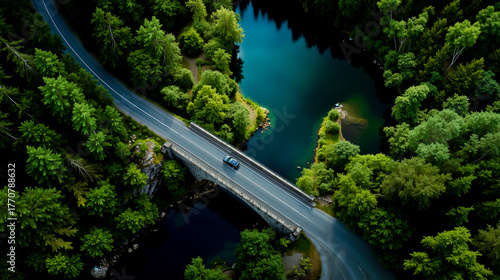 Fototapeta Naklejka Na Ścianę i Meble -  A car driving on a bridge over a river surrounded by lush green trees