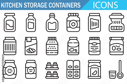 Kitchen storage containers icons — editable line stroke set of jars, bottles, canisters, pantry organizers, stackable airtight food boxes for meal prep, spices and grains; minimal outline pictograms c