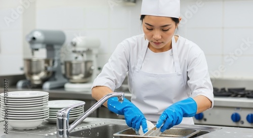 Professional Asian chef washing dishes in a commercial kitchen. Female restaurant employee working at a sink. Food service and hygiene concept