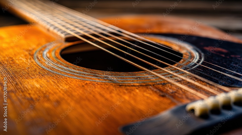 Fototapeta premium Close up of a weathered acoustic guitar showcasing detailed craftsmanship and rich wood texture in warm lighting