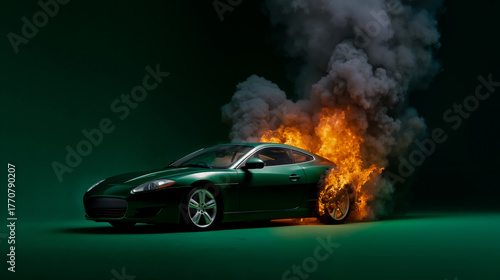 A green sports car is engulfed in flames and smoke