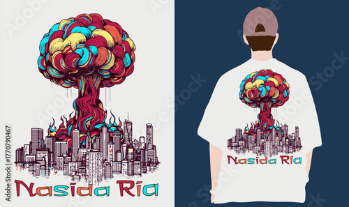 Nuclear explosion in the city. The atomic bomb, the explosion of the flaming mushroom cloud bomb, and the destruction of war. Apocalypse detonation, dangerous war vector illustration.