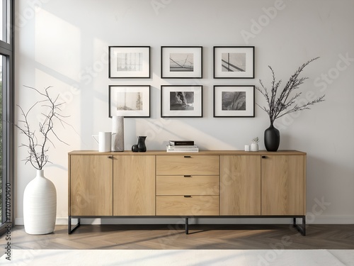 Modern wooden sideboard with framed artwork and decorative vases