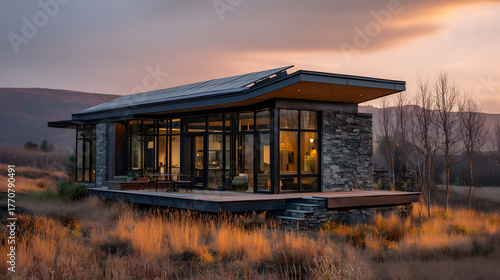 Modern off-grid eco home among trees, harmony of architecture and nature, sustainable cozy living away from the city.