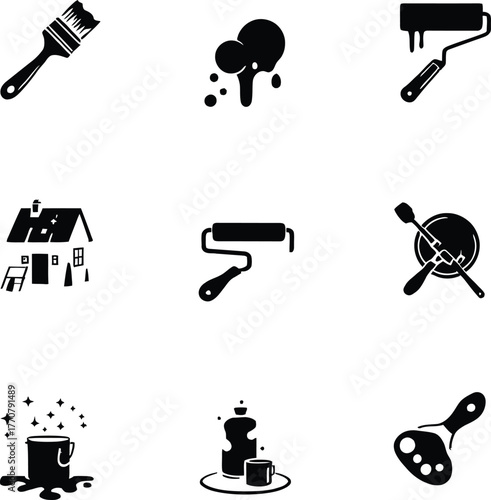 A collection of black and white icons depicting painting supplies and a house illustration set on white