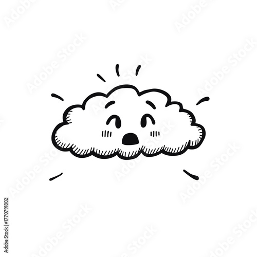 Cute cartoon cloud with a surprised expression in black and white  
