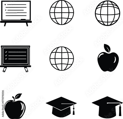 Education themed icons featuring chalkboards globes apples and graduation caps in black and white style