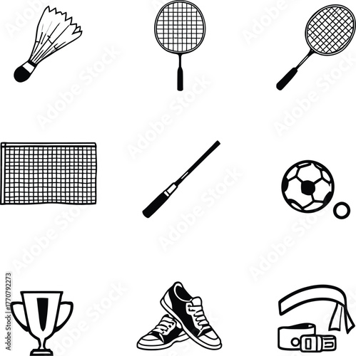 A collection of various sports equipment and accessories in a simple black and white drawing style