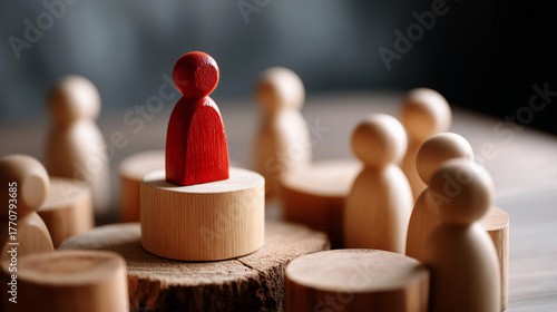 Leadership individuality concept red wooden figure standing elevated on block surrounded by natural wooden figures leader representation uniqueness distinction teamwork
