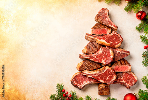 Juicy steak in the shape of a Christmas tree banner with an empty space for text on a light background. Festive and creative food design for restaurant menus, holiday advertisements