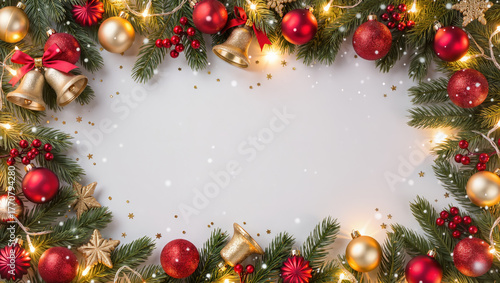 Christmas frame with fir branches, red and gold baubles, bells, stars, berries and lights on white background. Festive border for holiday design.