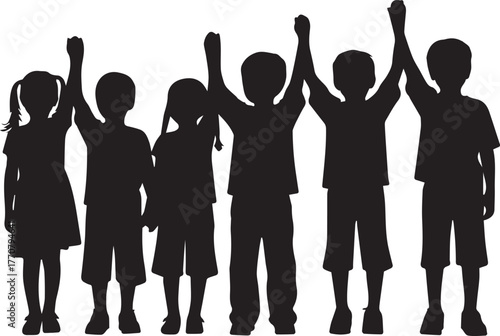 Diverse children silhouettes raising hands together celebrating human rights day unity hope