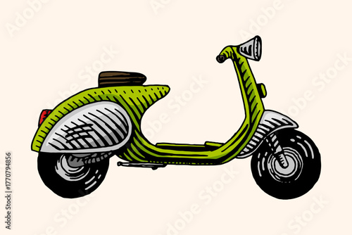 Retro Cartoon hand drawn scooter bike, motorcycle for delivery