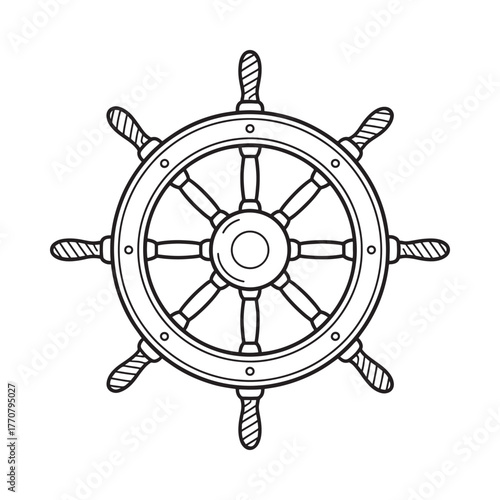 Classic wooden ship steering wheel nautical symbol isolated on white background