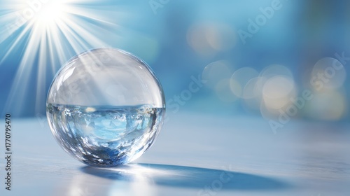 Wallpaper Mural Glass sphere of pure water reflecting sunlight over soft blue bokeh, symbolizing environmental protection, global resources, freshness, clarity and ecological balance Torontodigital.ca
