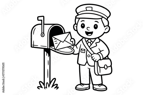 A cartoon postal worker is delivering mail to a mailbox.