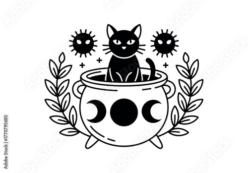 A black cat sits in a cauldron decorated with celestial symbols.