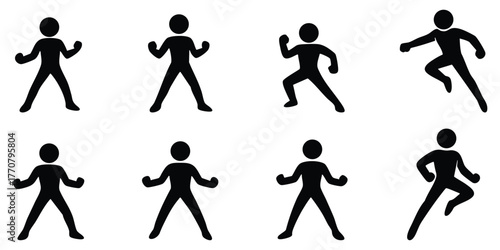 Stickman sport action poses, Athletic stick figure running and jumping, Dynamic sports silhouette collection