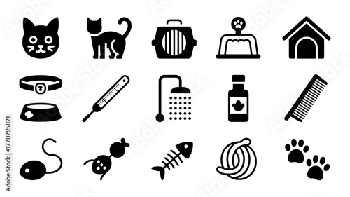 A collection of illustrated icons related to cats and their care.