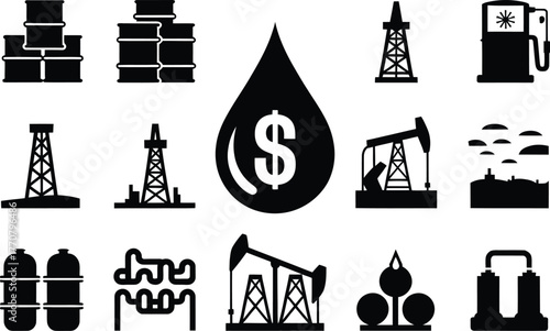 Black and white oil industry icons including rigs barrels gas pumps and a dollar sign drop design 100
