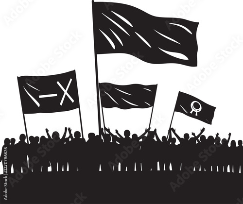 Protesting crowd holding flags advocating for human rights and equality symbols