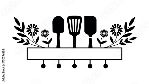 Kitchen utensils and floral design with hooks for hanging.