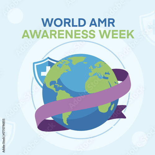 World AMR Awareness Week illustration with earth and ribbon around it for greetings, cards, design materials and social media publications