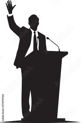 Man speaking at podium raising hand symbolic of human rights day speech and advocacy