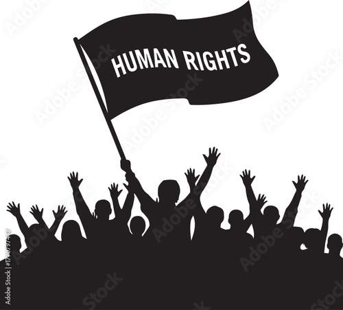 Silhouette of a crowd waving a human rights flag symbolizing freedom and justice celebration
