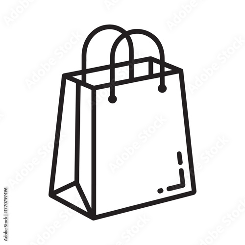 Simple black and white outline drawing of a shopping bag with handles