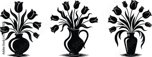 A collection of black and white abstract designs featuring elegant tulip bouquets in various vases, presented as a vector silhouette illustration set