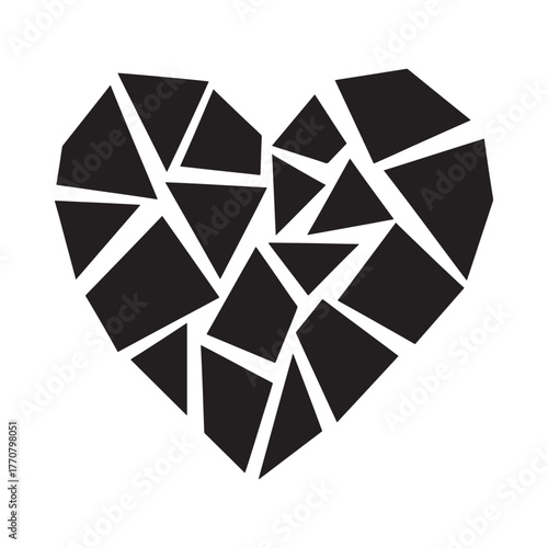 Abstract black heart shape broken into many geometric fragments on white background